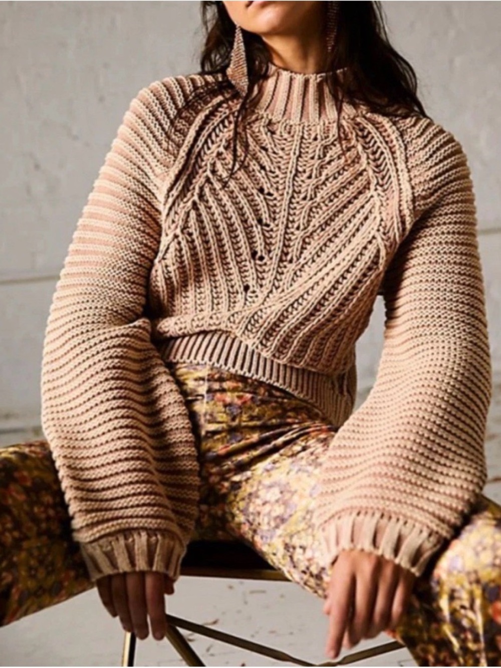Free People Cable Knit Sweater XS S Crop Oversized Balloon Sleeve Boho Oatmeal